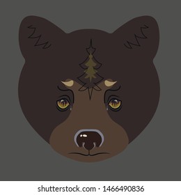 Bear head looks on the forest fire. Siberia burns. Vector illustration