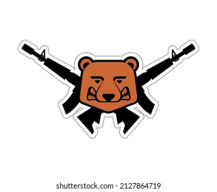 Bear head and machine guns. Hunter sign. Beast muzzle and weapons. Hunter logo