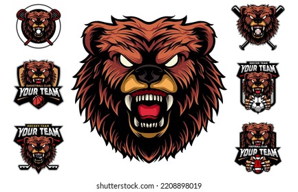 Bear Head Mascot Logo With Logo Set For Team Football, Basketball, Lacrosse, Baseball, Hockey , Soccer .suitable For The Sports Team Mascot Logo .vector Illustration.