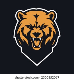 Plantilla de logotipo de mascota de la cabeza del oso con espacio de copia. Ilustración vectorial del logotipo de la cabeza de animal salvaje aislado sobre fondo negro
