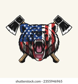 bear head mascot with USA flag and cross axe