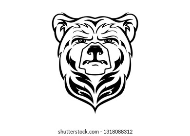 Bear Head Mascot, vector bear logo, Hand drawn maori tattoo style, for emblem, illustration, poster, icon, label, logotype, sticker isolated, on white background. Wild animal silhouette, tattoo art