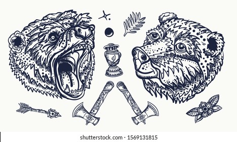Bear head. Old school tattoo collection. Aggressive grizzly, kerosene lamp, flowers and mountains