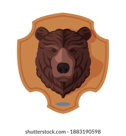 Bear Head on Wall, Hunter Trophy Flat Vector Illustration