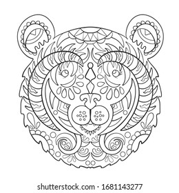 Bear head on a white background. Print. Zen doodles. Vector illustration