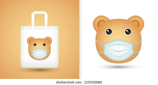 Bear head on white tote bag