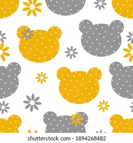 Bear head with polka dots on a white background. Seamless pattern for textiles, clothing, covers, gliders, wrapping paper. Vector illustration.