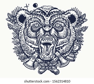 Bear head portrait vector illustration. Old school tattoo style. Isolated on white background 