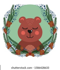 bear head in round frame with fir branches cones and berries. Vector illustration