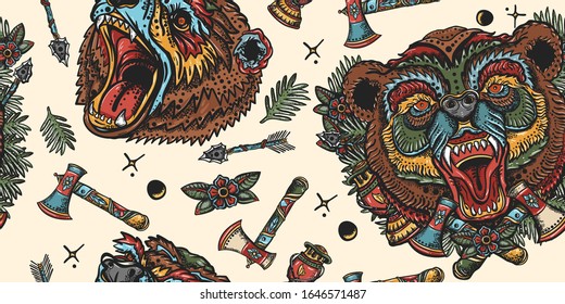 Bear head, seamless pattern. Aggressive grizzly background. Old school tattoo style. Tourism symbol, adventure, great outdoor 