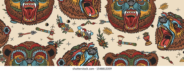 Bear head seamless pattern. Old school tattoo style. Aggressive grizzly background