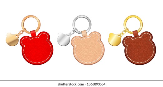 Bear head shape key chains set, bear head metal pendants and leather tags, vector illustration sketch template