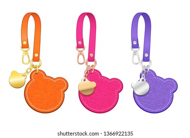 Bear head shaped key chains/ bag charms set, bear head metal pendants and leather tags with detachable strap, vector illustration sketch template