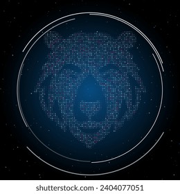 The bear head symbol filled with white dots. Pointillism style. Some dots is pink. Vector illustration on blue background with stars