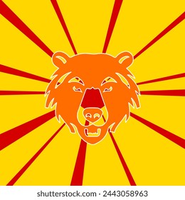 Bear head symbol on a background of red flash explosion radial lines. The large orange symbol is located in the center of the sun, symbolizing the sunrise. Vector illustration on yellow background