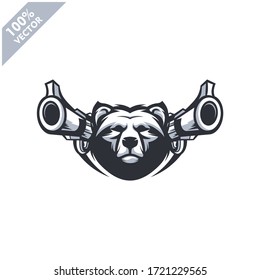 Cabeza de oso con dos armas, equipo táctico, arma Airsoft o logo del club de balonmano. Elemento de diseño para el logotipo, la etiqueta, el emblema, el signo, la ropa u otra mercancía de la empresa. Ilustración de vectores escalable y editable