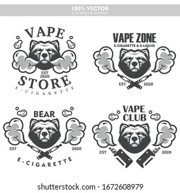Bear head vapor e-cigarette vape vaporizer cigarette vape vaporizer electrical electronic smoke vaping label set Vintage style logo. Scalable and editable Vector illustration.