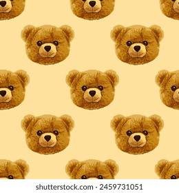 Bear head vector seamless pattern. Toy realistic illustration on beige background. Fashion textile print. Trendy fabric design or wrapping paper