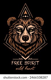 Cabeza de oso, Vector tótem espíritu animal con cita: espíritu libre, corazón salvaje, diseño animal sagrado, poder animal boho ilustración.