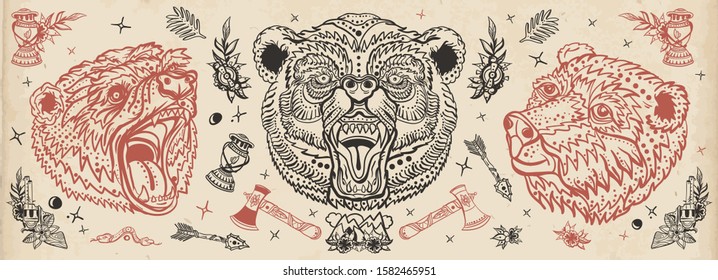 Bear head. Vintage old school tattoo collection. Aggressive grizzly, traditional tattooing style 
