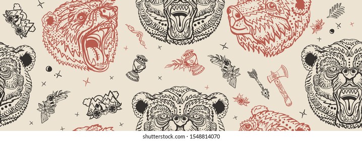 Bear head, vintage seamless pattern.  Aggressive grizzly background. Old school tattoo background  