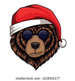 Bear head wearing christmas santa hat vector illustration for your company or brand