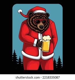 Bear head wearing costume santa claus drink beer vector illustration for your company or brand