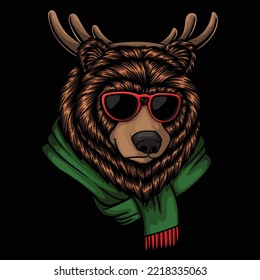 Bear head wearing deer antlers christmas vector illustration for your company or brand