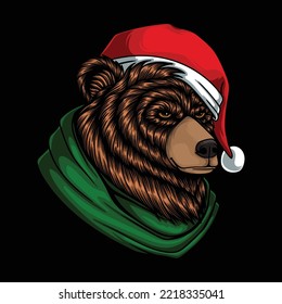 Bear head wearing scarf and santa hat vector illustration