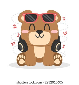 Bear with headphone cartoon logo vector illustration flat design.