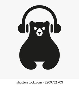 Bear Headphone Logo Negative Space Vector Template. Bear Headphone Symbol