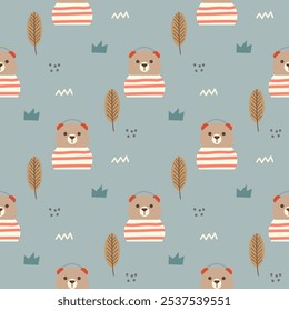 Bear and headphones cartoon so cute. On tree grass background. Pattern seamless vector illustration. 
