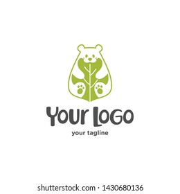 Bear with healthy leaf logo mascot template