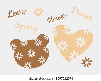 The bear and heart is brown with flowers  on a gray background. Cute holiday card. Printing illustrations on poster, textiles, gliders. Vector illustration.