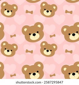 Bear, heart on pink background, fabric pattern, gift wrapping paper