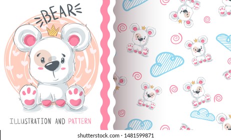 Bear with heart - seamless pattern. Hand draw