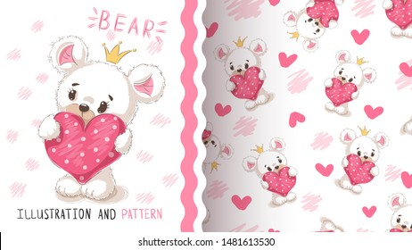 Bear with heart - seamless pattern. Hand draw