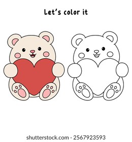 Bear with heart valentine day illustration. Bear with heart coloring page for valentine day theme. Valentine day card printable. Cute bear valentine clipart.