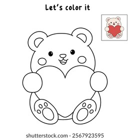 Bear with heart valentine day illustration. Bear with heart coloring page for valentine day theme. Valentine day card printable. Cute bear valentine clipart.