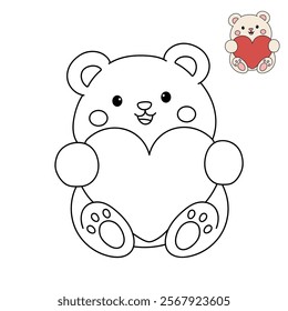 Bear with heart valentine day illustration. Bear with heart coloring page for valentine day theme. Valentine day card printable. Cute bear valentine clipart.