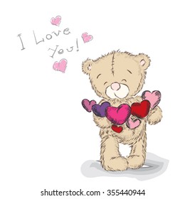 Bear with hearts. Card. St. Valentine's Day.  Vector illustration for a greeting card, poster, or print on clothes.