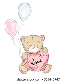 Bear with hearts. Card. St. Valentine's Day. Vector illustration for a greeting card, poster, or print on clothes.