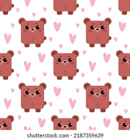 Bear with hearts. Pattern with cute cartoon animals. Kawaii children's print with pets. Vector illustration for fabric, paper, wallpaper, packaging