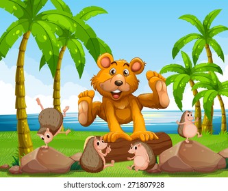 Bear and hedgehog on the shore 