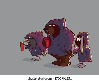 bear hedgehog and rabbit drink drinks, characters, vector illustration