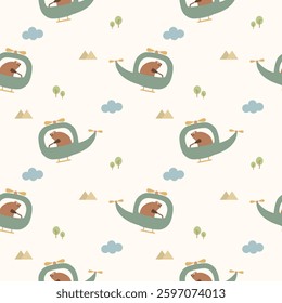Bear in helicopter cartoon so cute. On tree mountain cloud background. Pattern seamless vector illustration. 