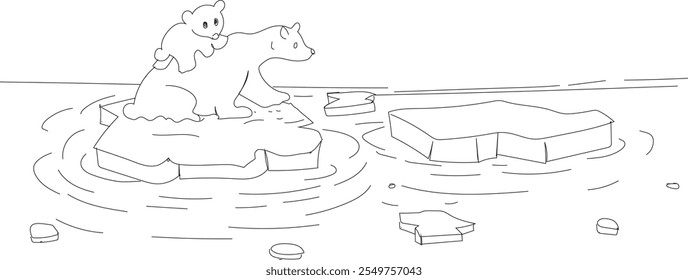 A Bear with her baby sitting on the ice cube. Line drawing 