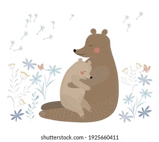 Lleva su cachorro florido. Oso lindo con el bebé. Tarjeta del día de la madre. Ilustración vectorial con estilo dibujado a mano aislada en un fondo blanco.