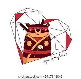 The bear in a hero costume with a flower on the background of a heart.