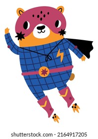 Bear Hero Flying. Cute Animal Kid In Cape With Super Embem